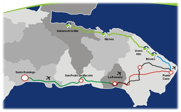 La autovía El Coral, seguido hasta Sabana de la Mar por el Bulevar Turístico del Este.